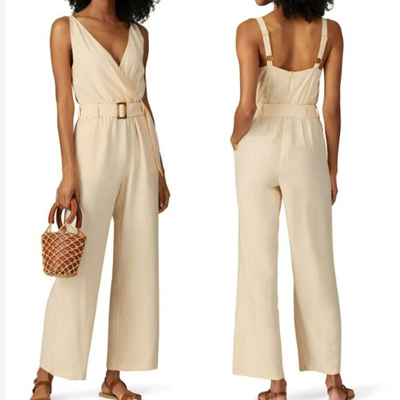WISH Frida Sleeveless Crossover V Neck Belted Wide Leg Jumpsuit Size S Beige - Picture 2 of 16